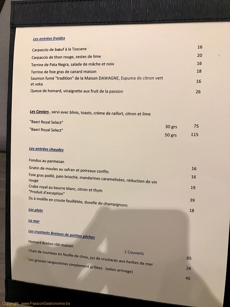 Restaurant Tribeca à Gerpinnes - Le menu des entrées