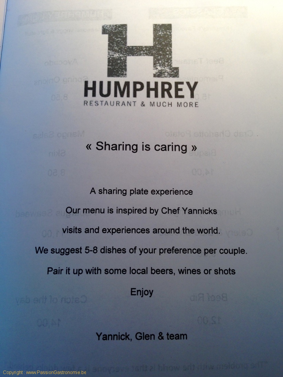 Humphrey, restaurant à Bruxelles - Menu