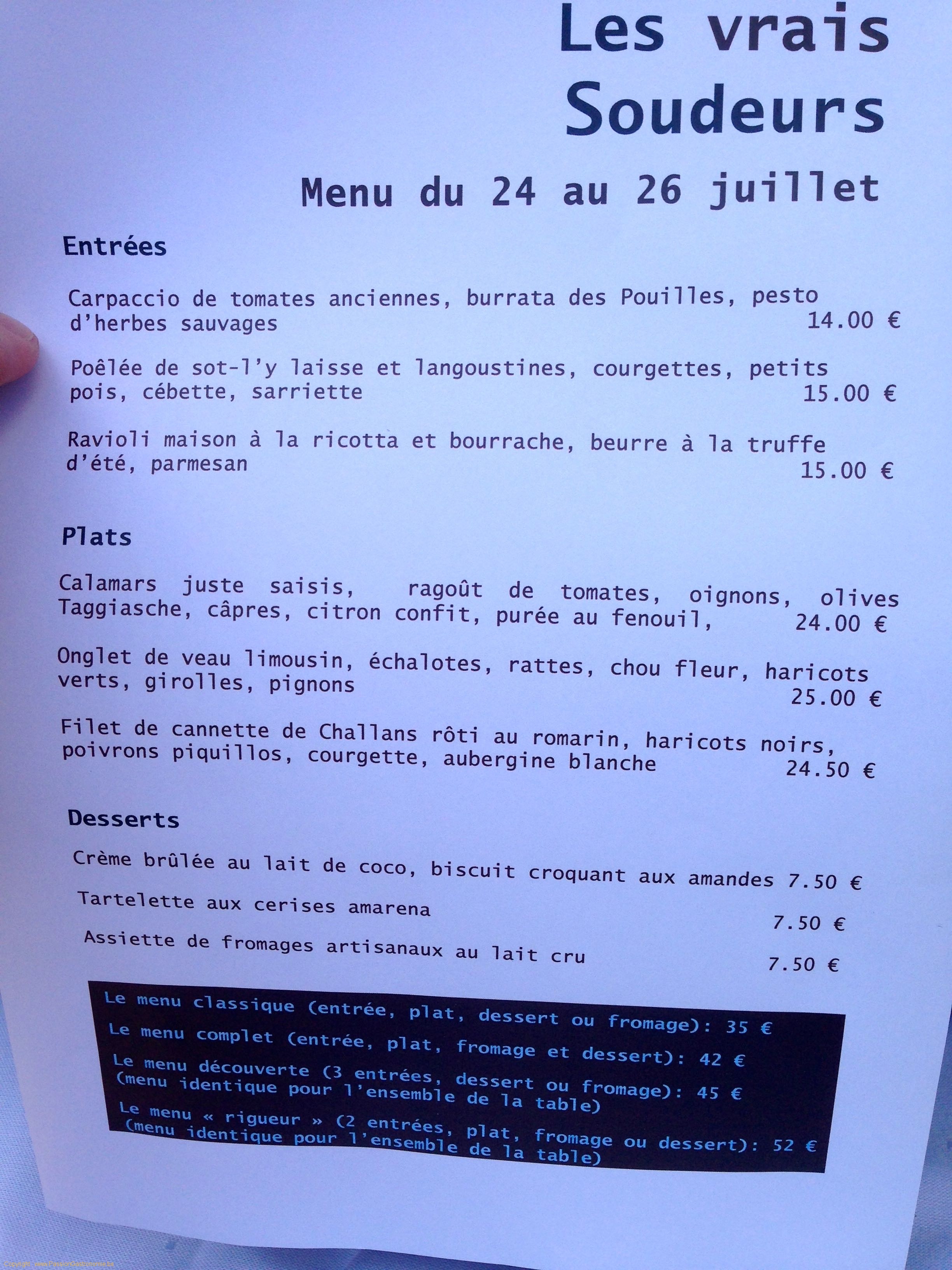 Restaurant Les Vrais Soudeurs : menu