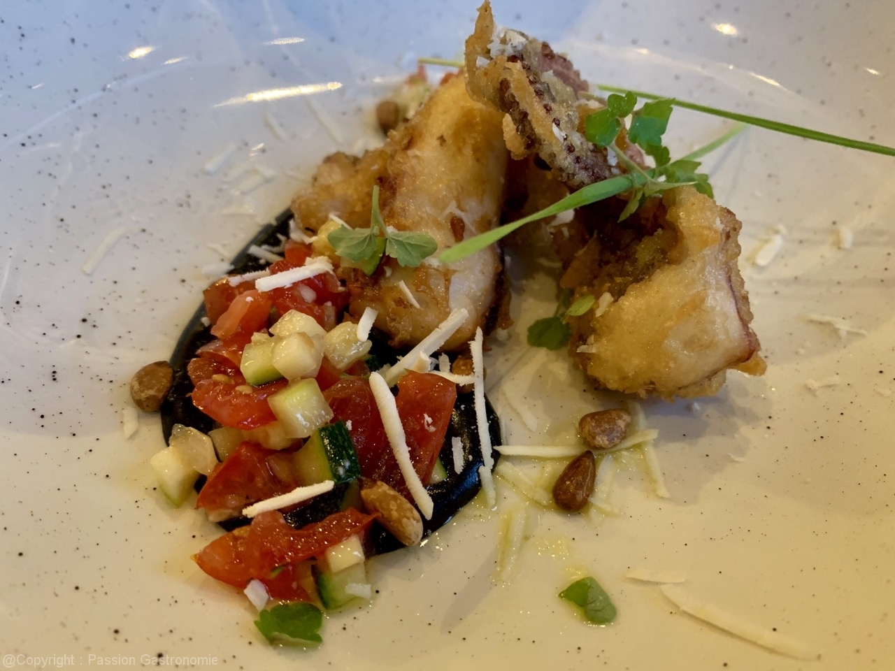 Restaurant Lucana -Poulpe en tempura, pomme de terre écrasée à l'encre de seiche et légumes, ricotta salée