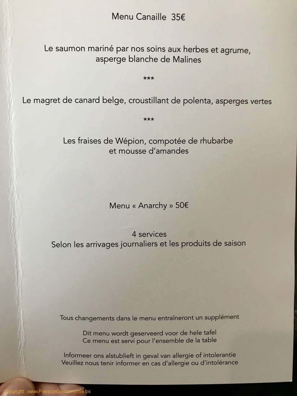 Restaurant Anarchy - Les menus