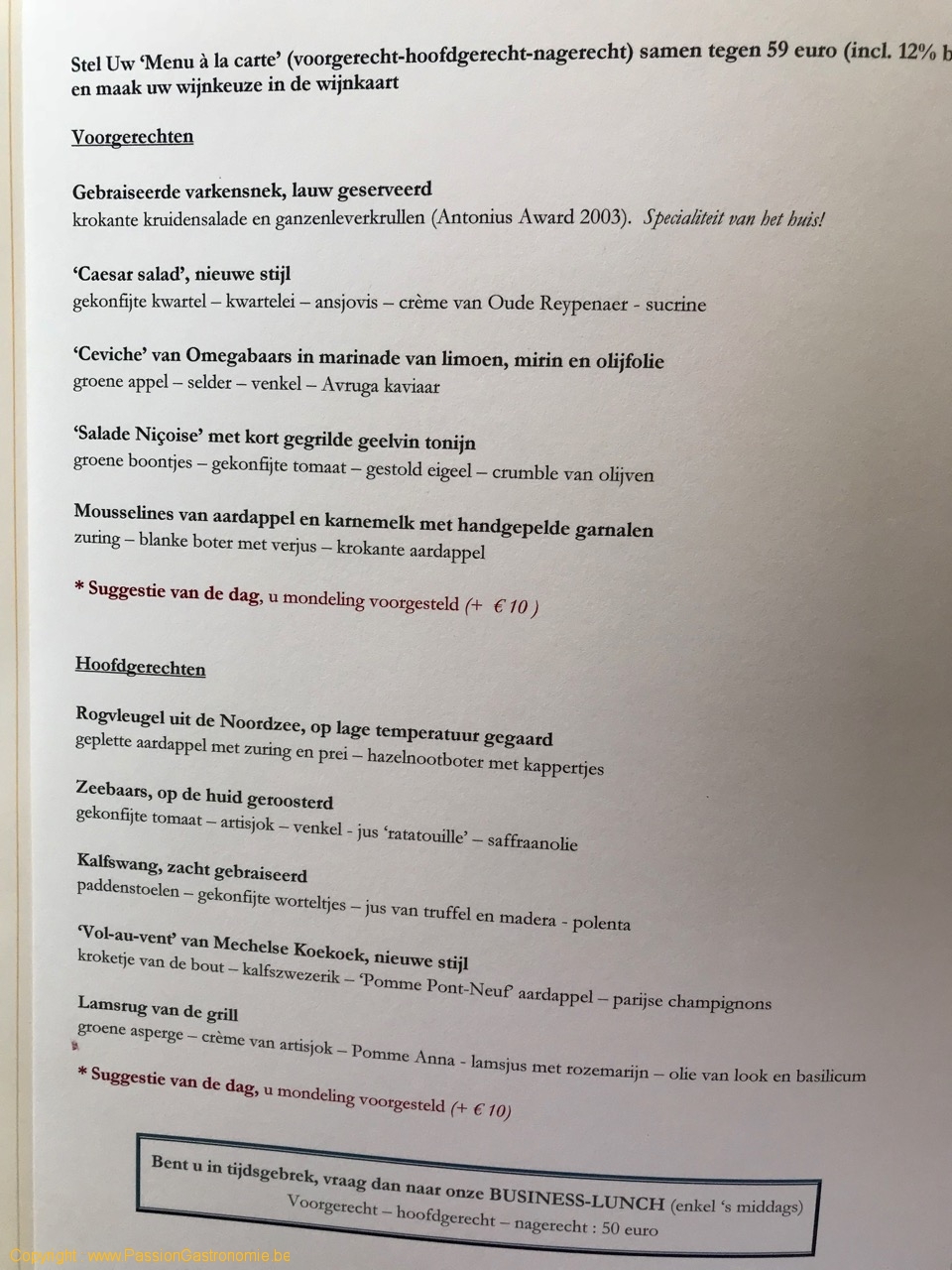 Restaurant Arenberg - Le menu 