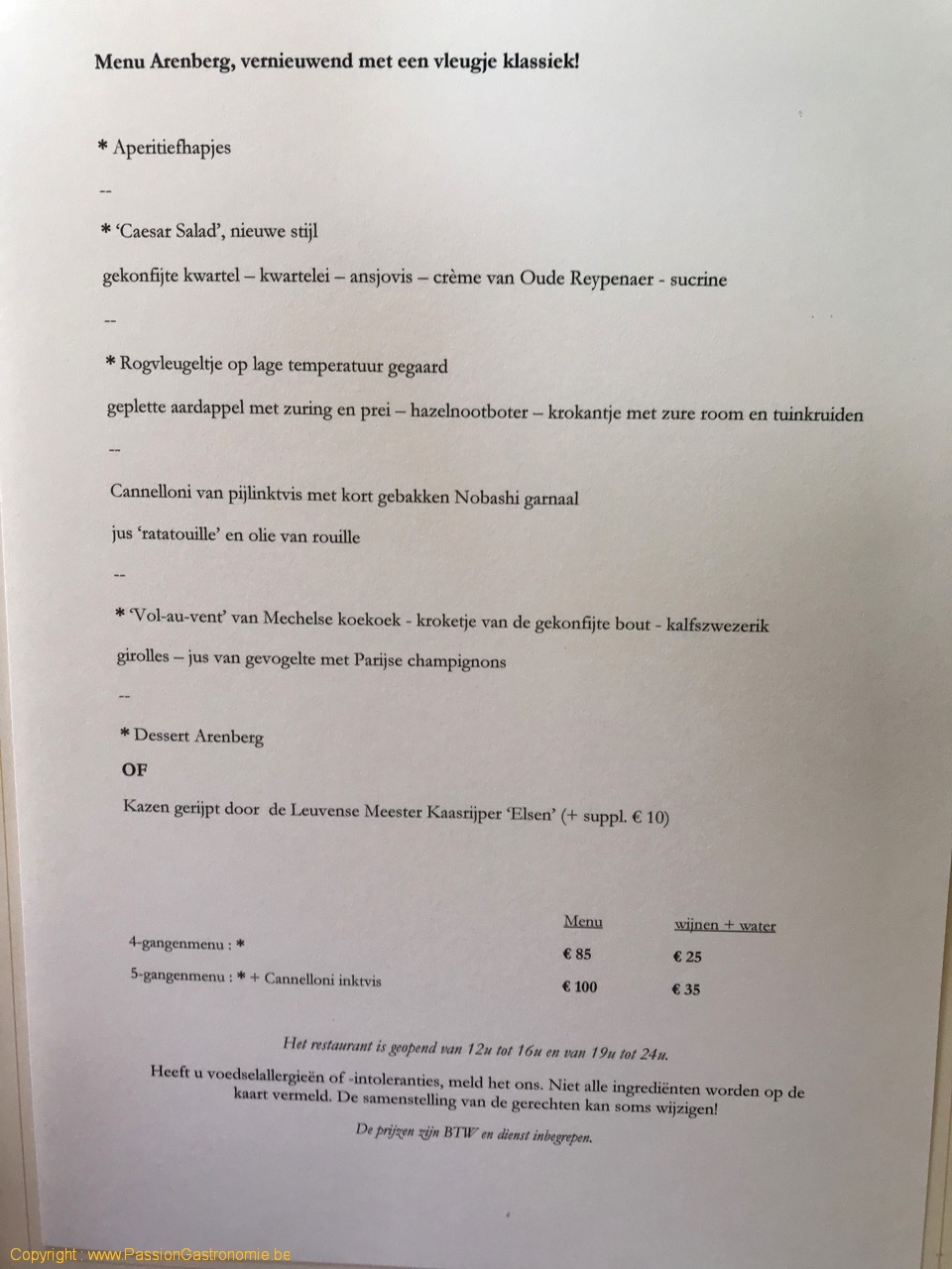 Restaurant Arenberg - Le menu Arenberg