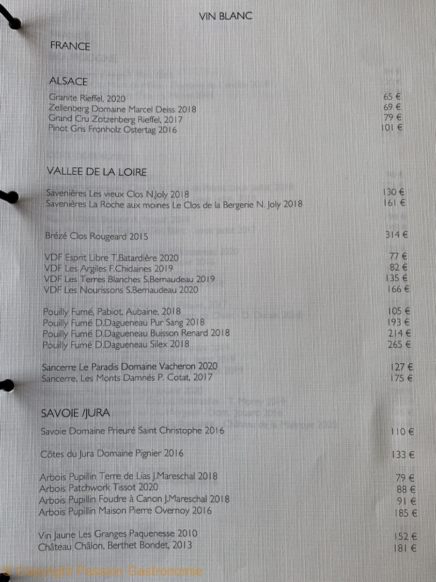 Restaurant Bozar Bruxelles - Quelques vins blancs en France