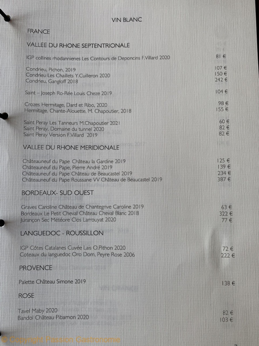 Restaurant Bozar Bruxelles - Quelques vins blancs en France