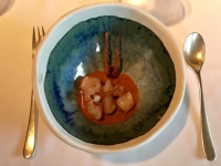 Restaurant Celler de Can Roca - Gamba marinée au vinaigre de riz, jus de tête, pattes de gamba croustillante et velouté d'algues