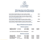 Restaurant L'Ecailler du Palais Royal - Le menu des caviars et huitres