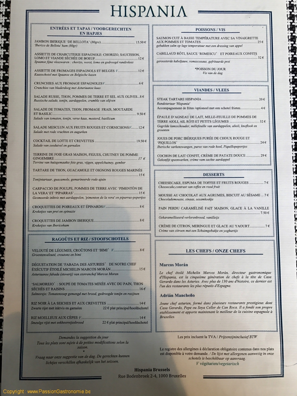 Restaurant Hispania - Le menu