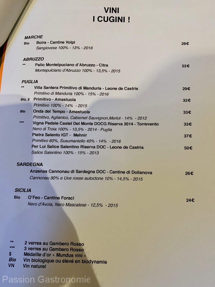 Restaurant I Cugini - La carte des vins rouges