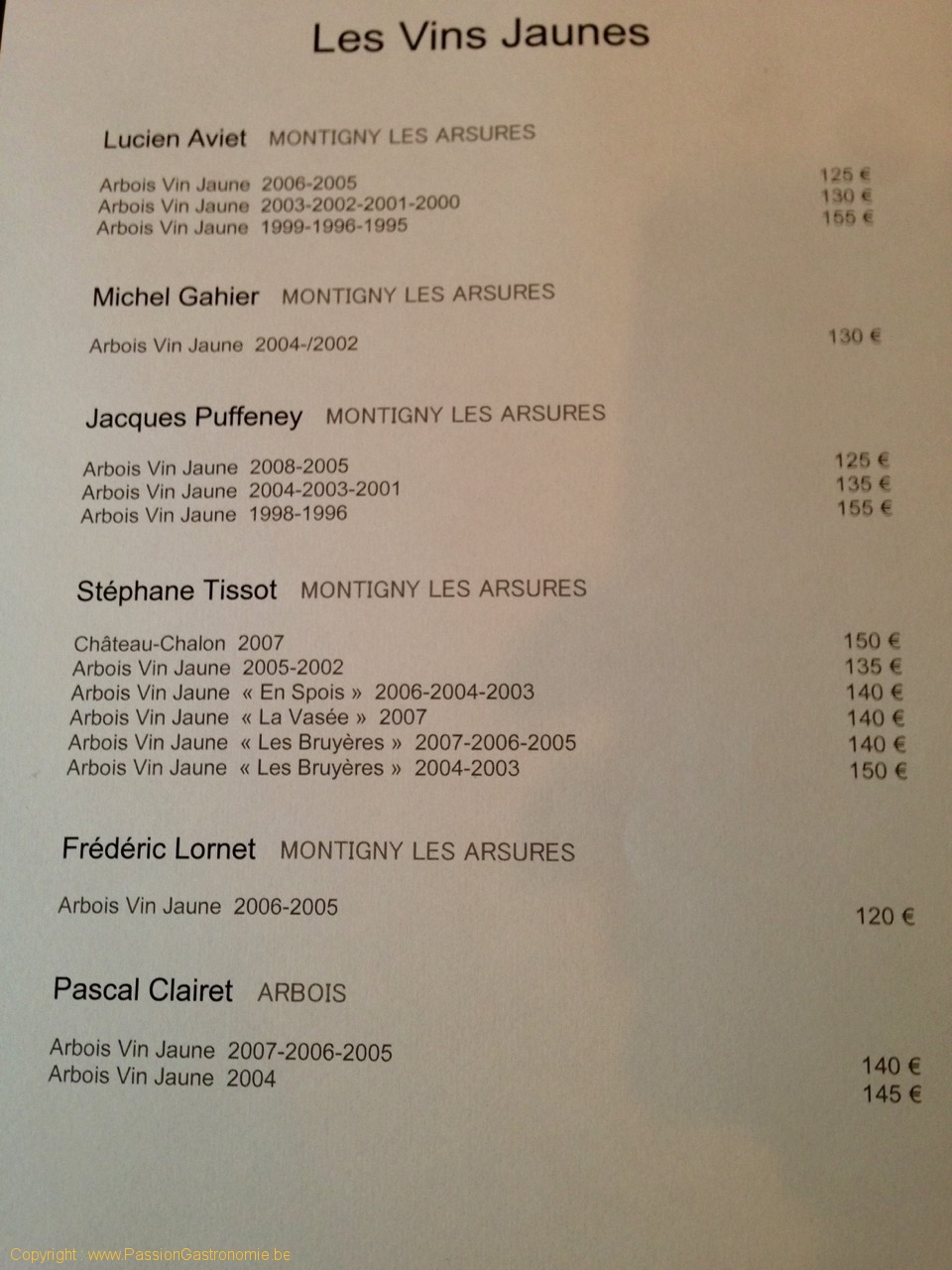 Restaurant Jeunet à Arbois : Carte des vins