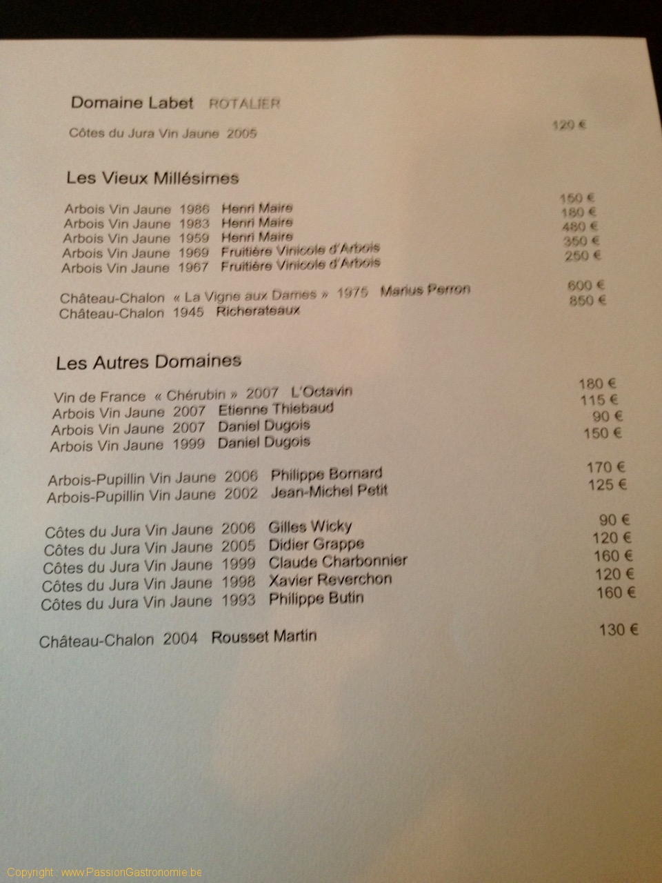 Restaurant Jeunet à Arbois : Carte des vins