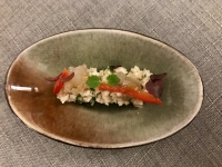 Restaurant La Ligne Rouge - Salade de gambas, chou-fleur, persil, coriandre, poivron, citron tigre Restaurant La Ligne Rouge - Salade de gambas, chou-fleur, persil, coriandre, poivron, citron tigre