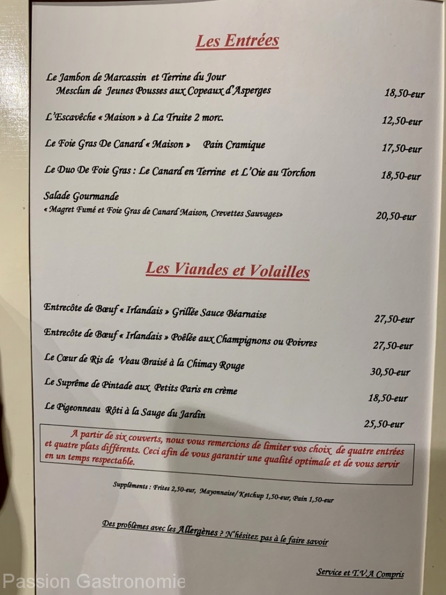 Restaurant La Malterie - La carte des entrées, viandes et volailles