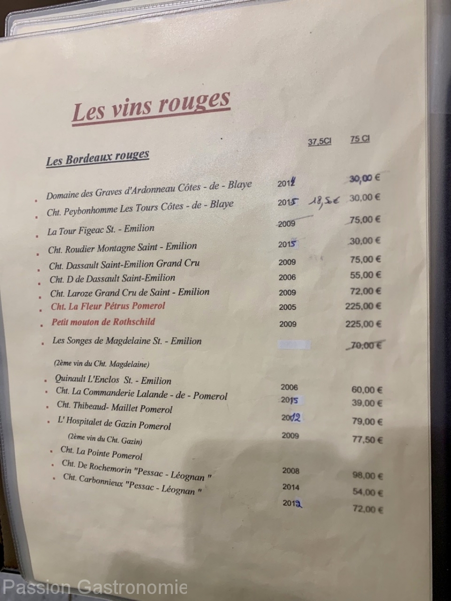 Restaurant La Malterie - La carte des vins - Bordeaux rouges