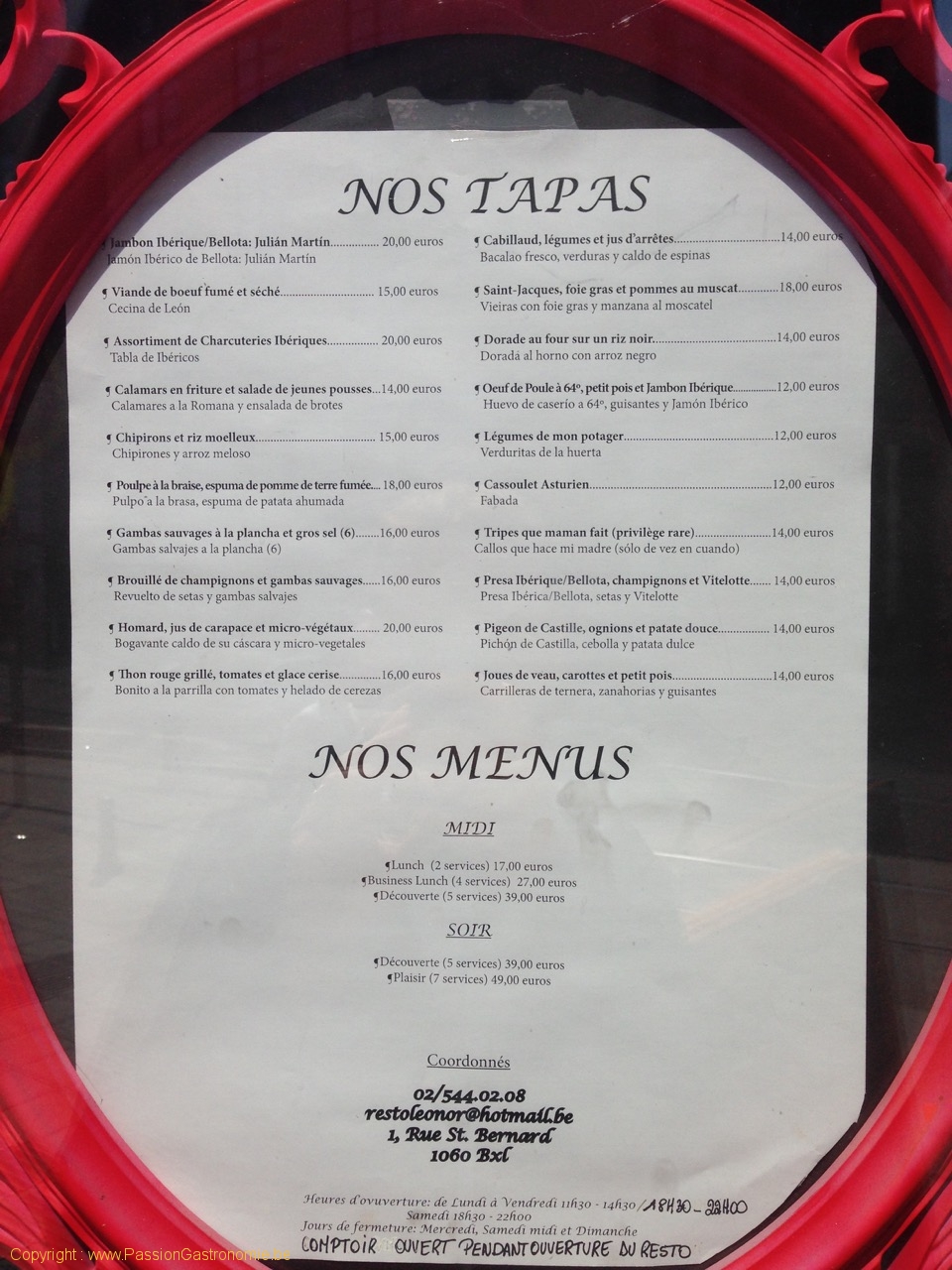 Restaurant Leonor Bruxelles - Menu Tapas