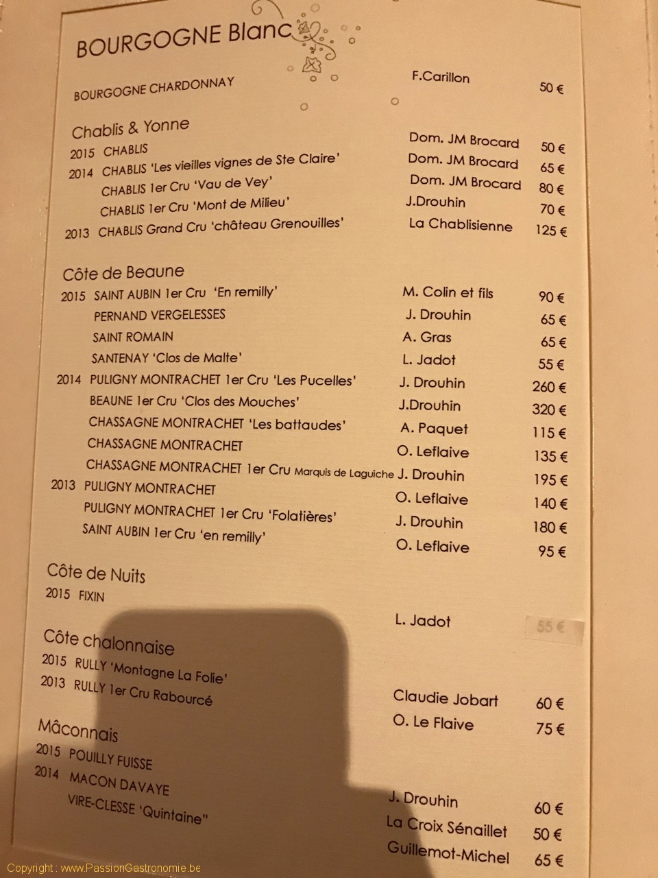 Auberge du Moulin Hideux - La carte des vins : bourgognes blancs