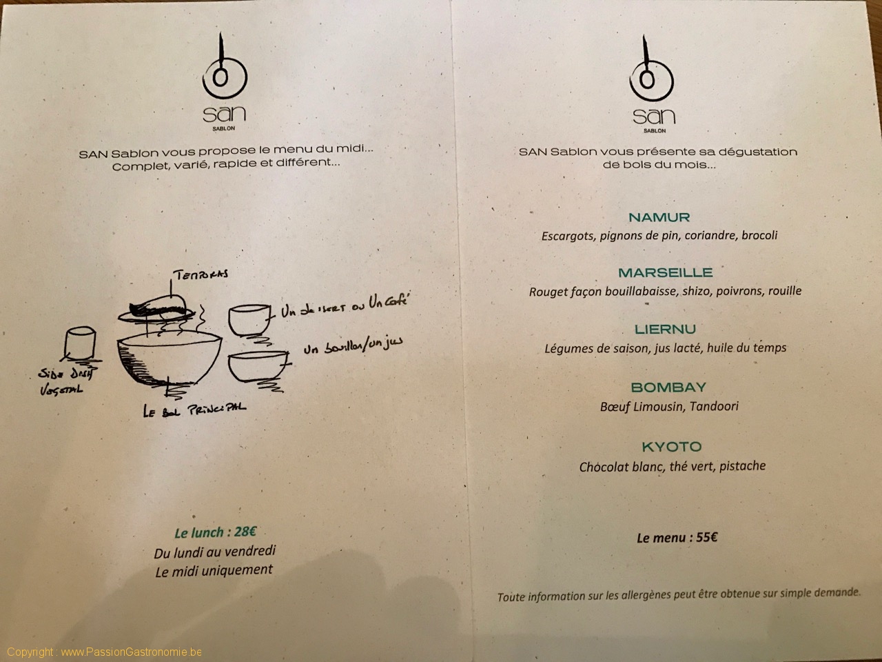 Restaurant San Sablon Bruxelles - Les menus et la carte