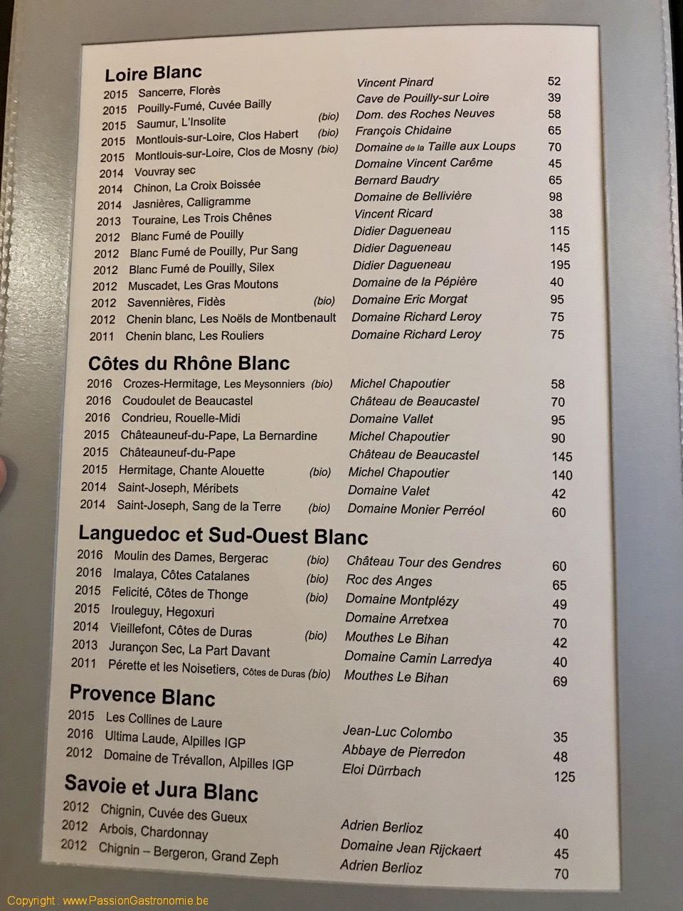 Restaurant Zur Post - La carte des vins : les blancs de France