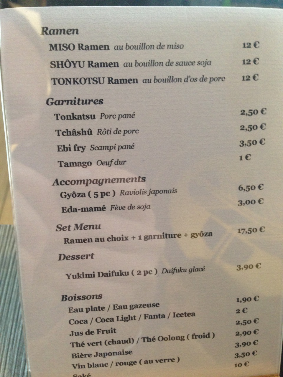 Restaurant Samuraï Ramen à Bruxelles : le menu (la carte)